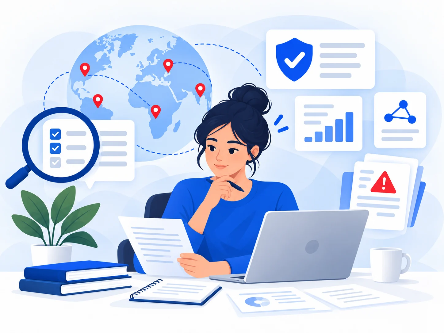 Illustration of a global research and safety workspace reviewing scam evidence, trends and prevention guidance.