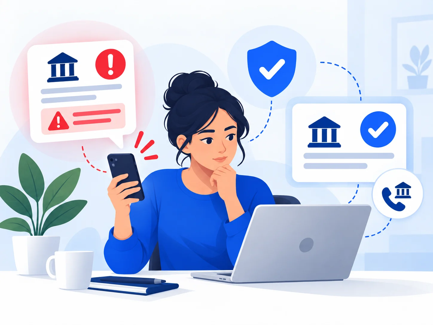 Illustration of a person verifying whether a bank message is genuine before responding.