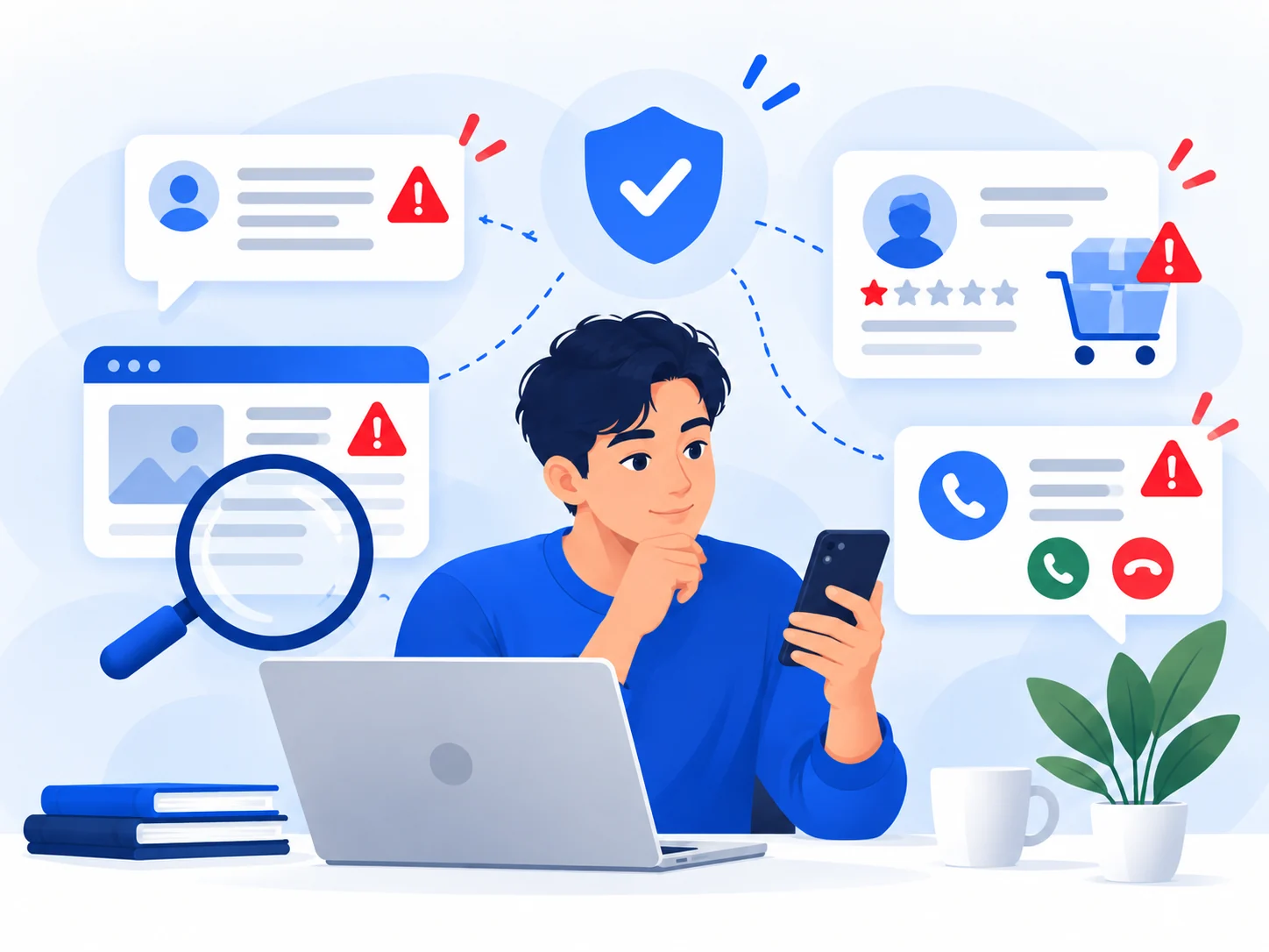 Illustration of a person verifying suspicious activity across websites, profiles, shopping listings and phone calls.