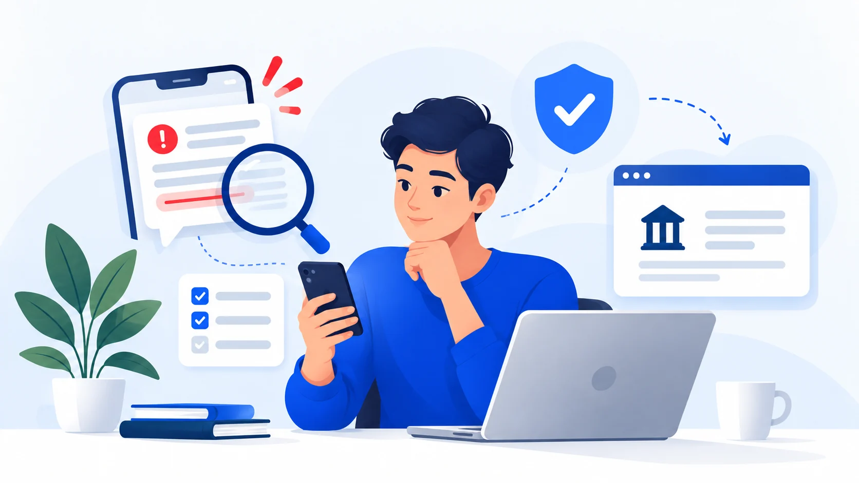 Illustration of a person examining a suspicious message on a phone while verifying details on a laptop.