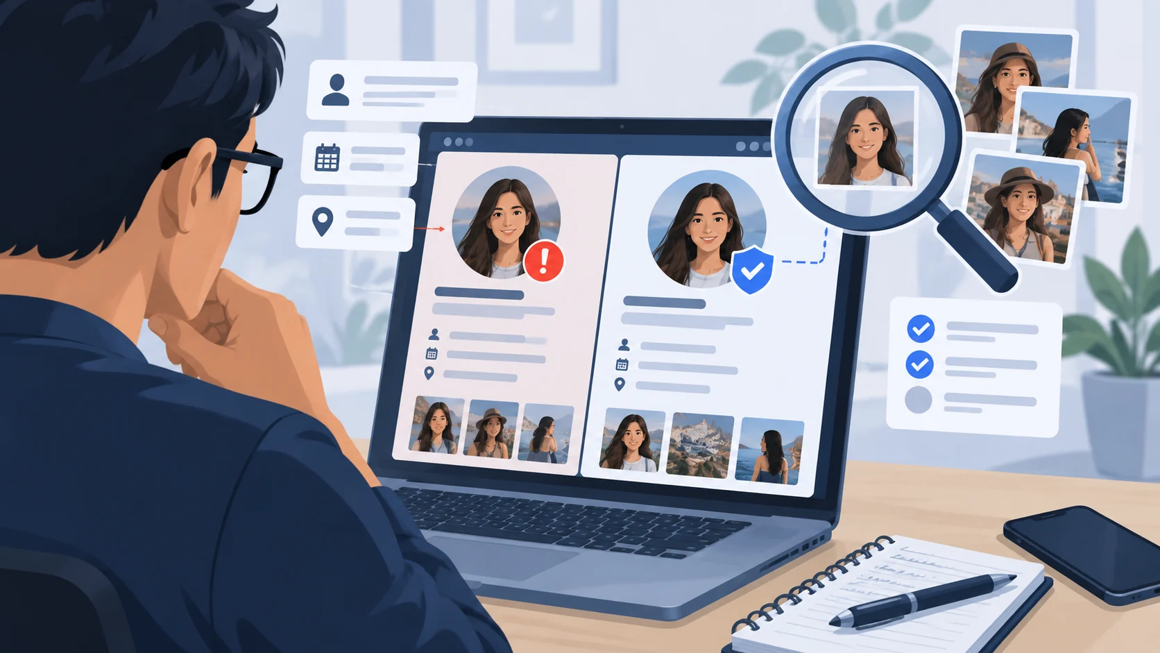 Illustration of a person comparing seller profiles, photos and account details to verify whether a profile is genuine.