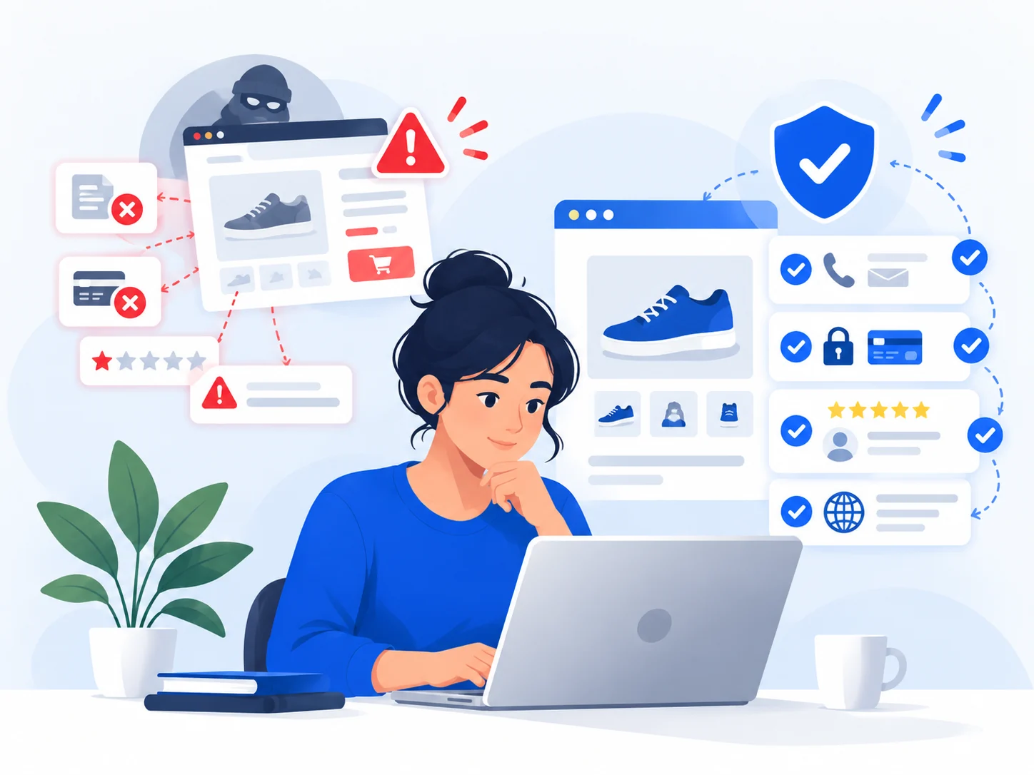 Illustration of a person checking trust signals on a website or online store.