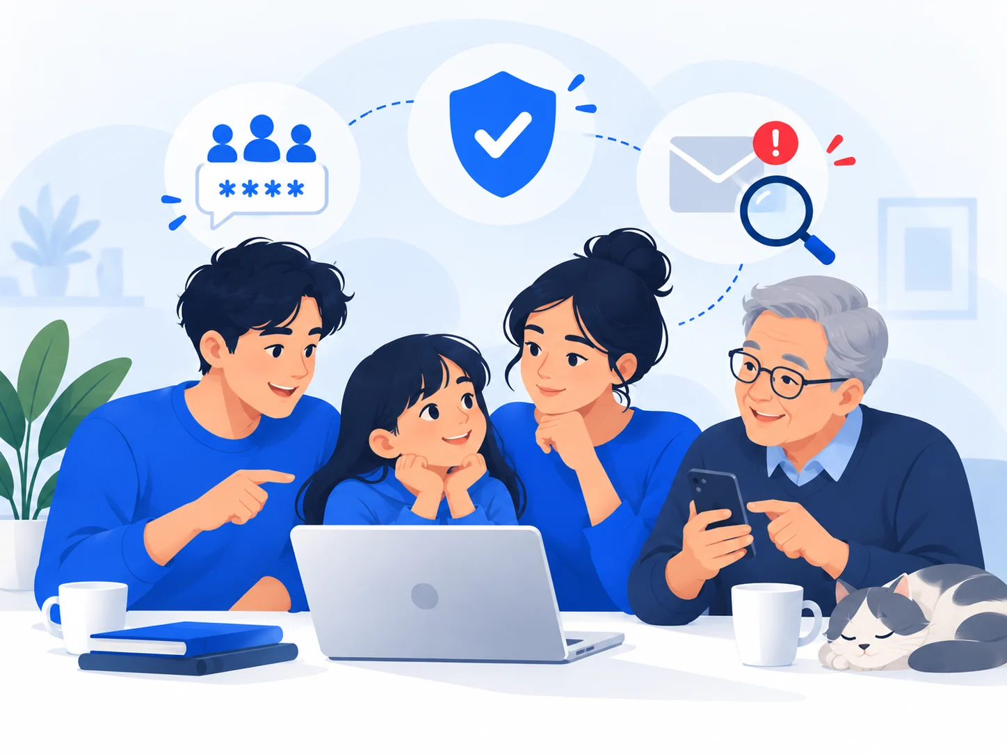Illustration of a family safety circle helping relatives verify suspicious situations before money moves.