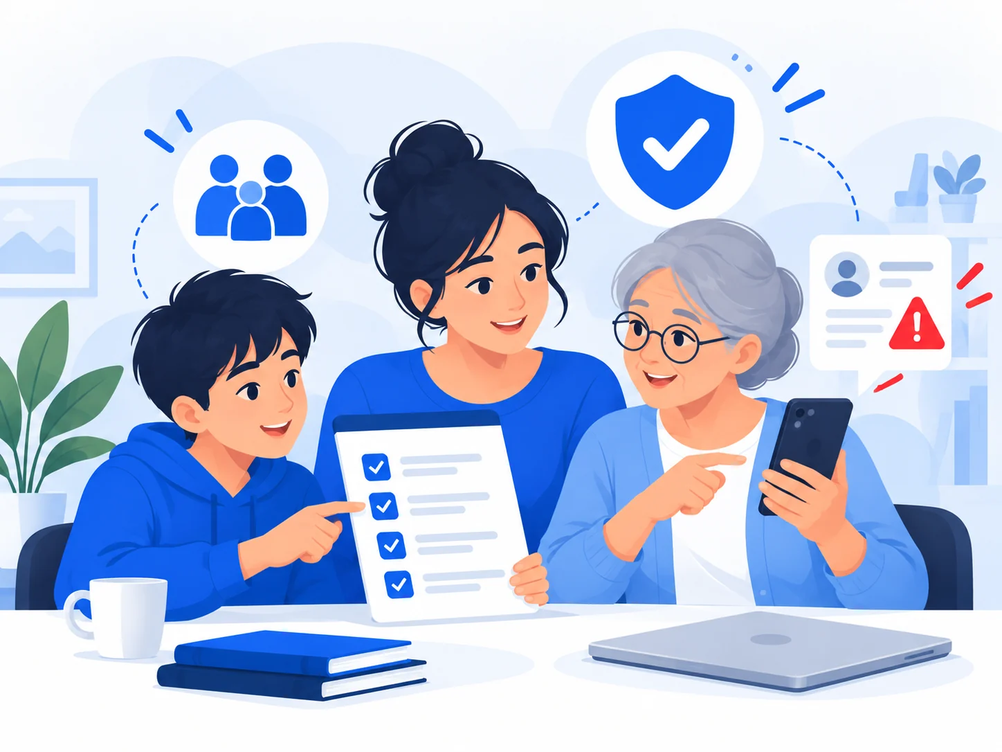 Illustration of family members using a shared safety checklist to help each other verify suspicious situations.