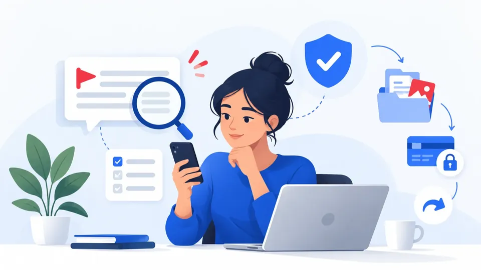 Illustration of a person checking a suspicious message, verifying it independently, and preparing evidence and recovery steps.