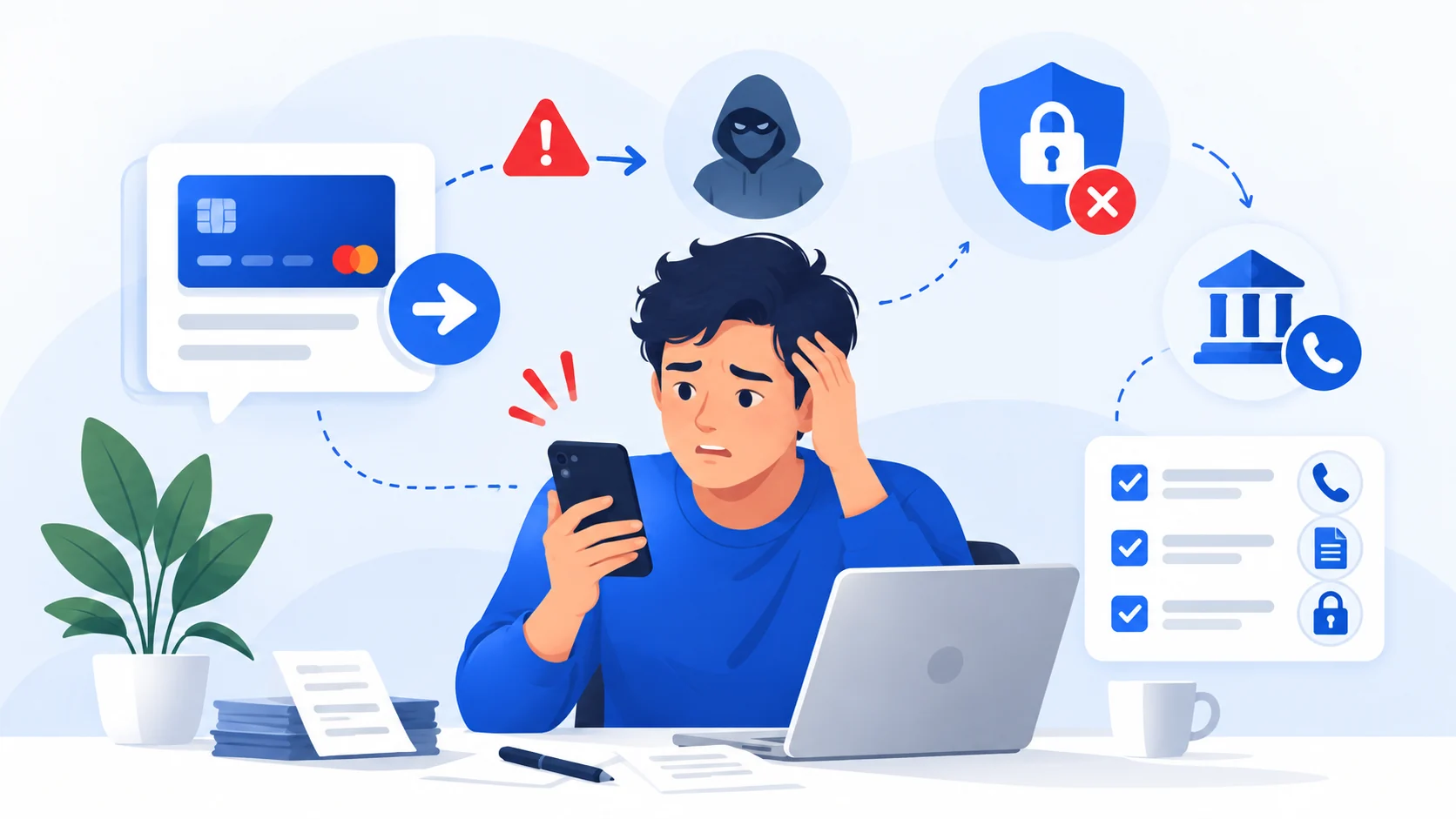 Illustration of a person responding after clicking a phishing link, including password reset, scanning and evidence saving steps.