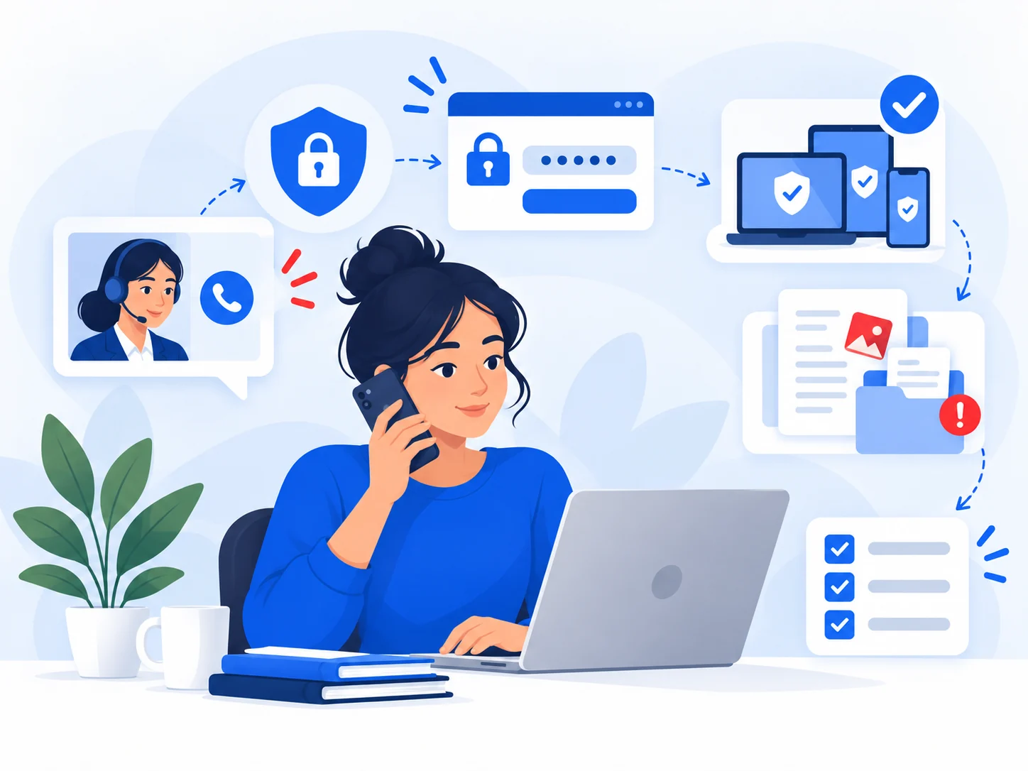 Illustration of a person securing accounts, contacting providers and organizing evidence after a scam.