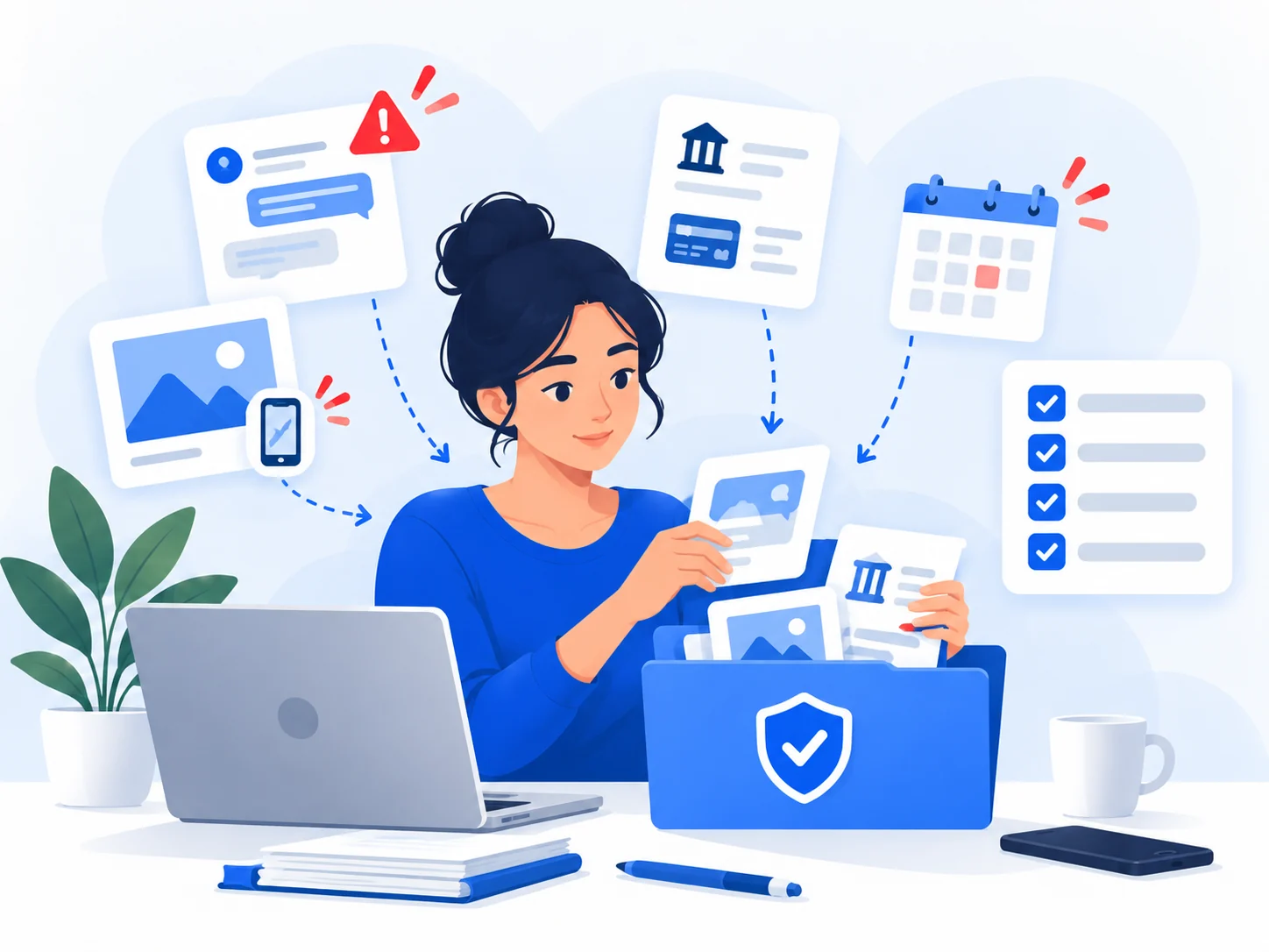 Illustration of a person organizing and preserving screenshots, messages and documents after a scam.