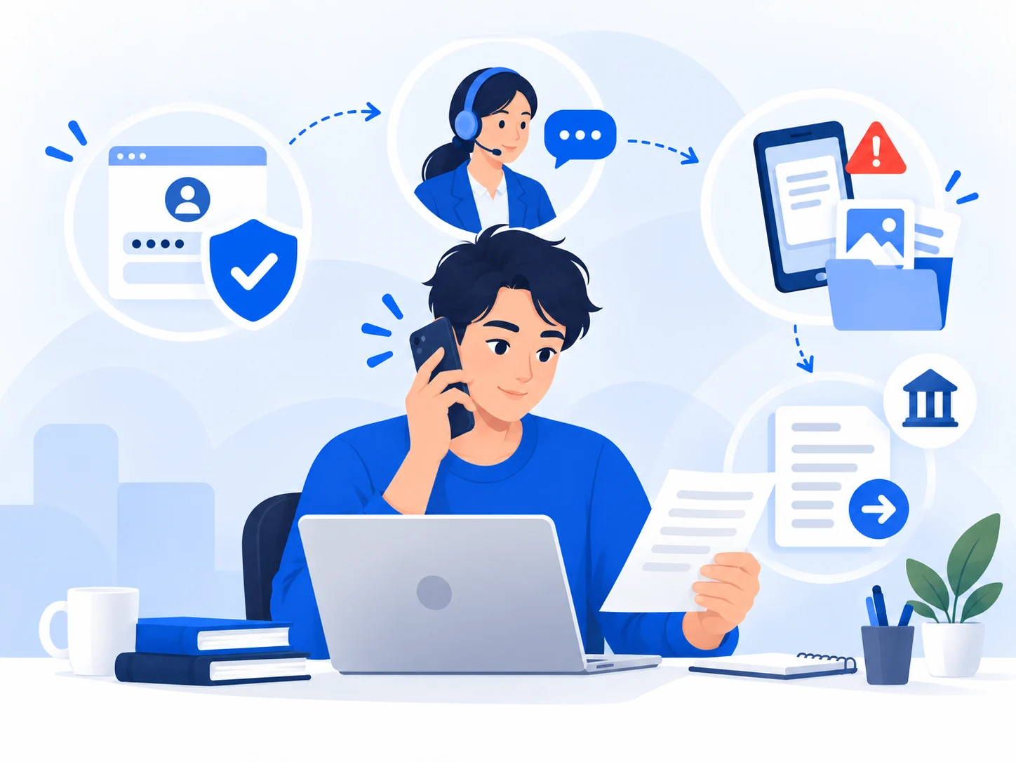 Illustration of a person taking recovery steps after a scam, including calling providers and securing accounts.