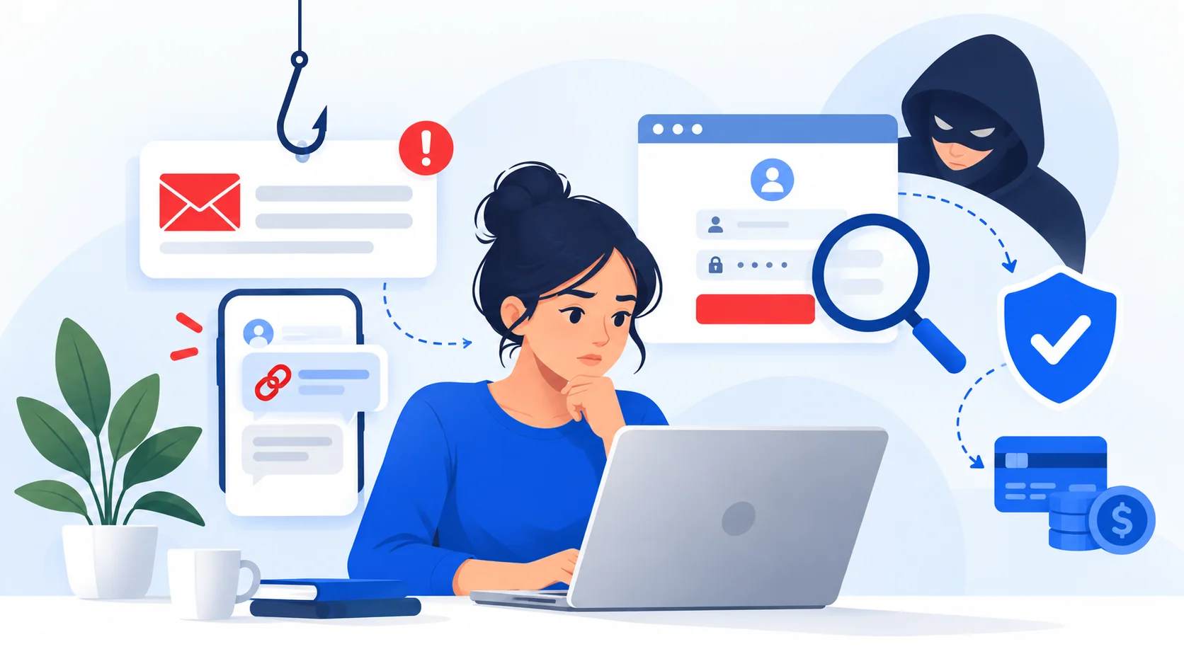 Illustration of a person reacting after sending money to a scammer and moving through bank contact, reporting and account security steps.
