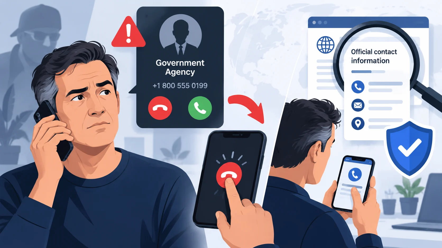 Illustration of a person ending a suspicious official-looking call and verifying contact information independently.