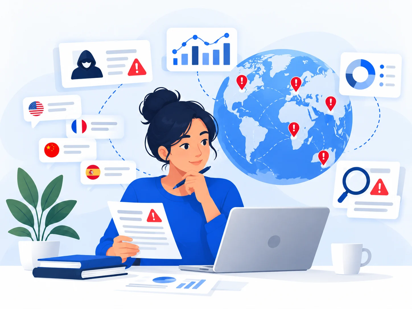 Illustration of a researcher tracking global scam signals and trends.