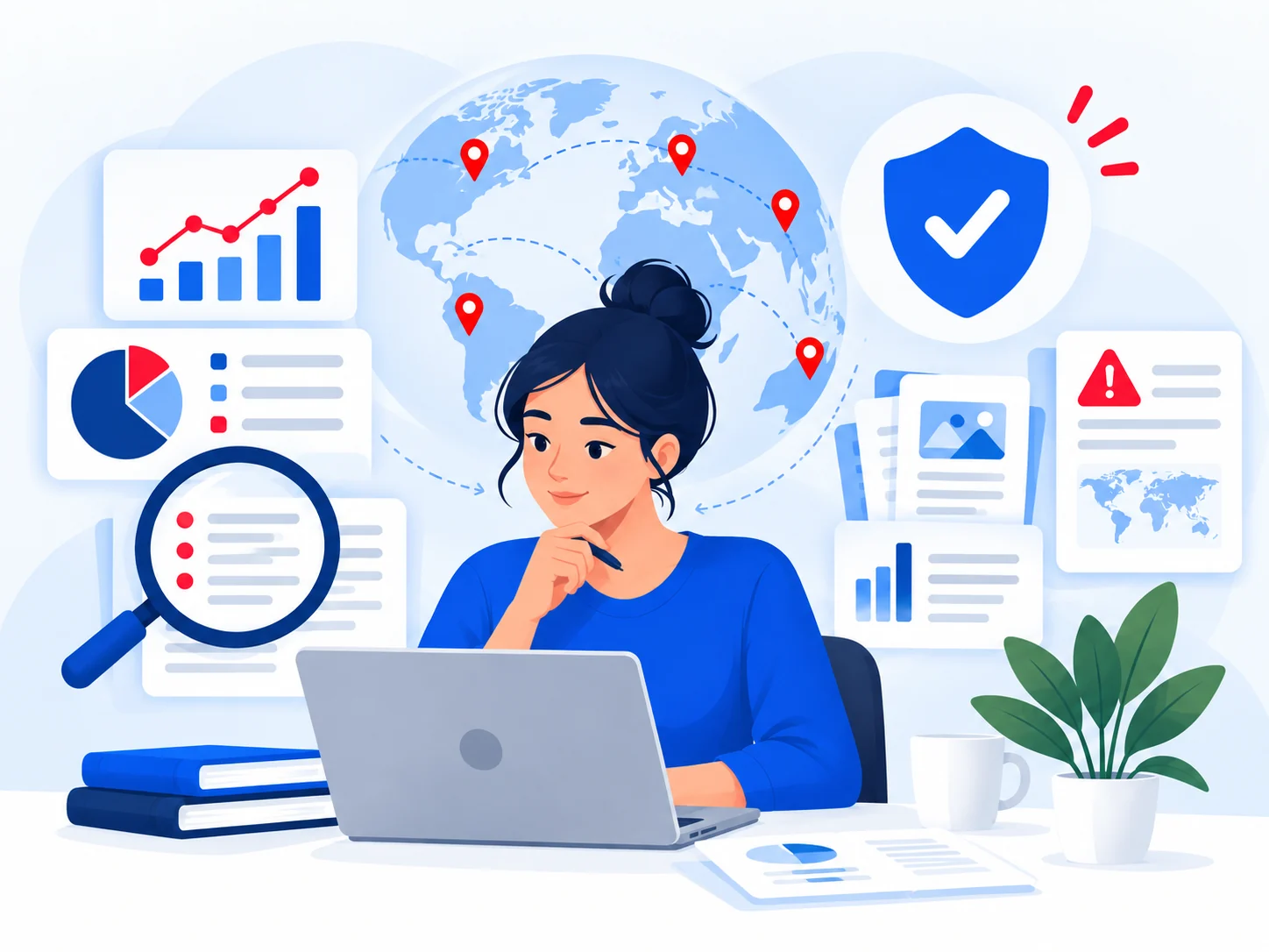 Illustration of a researcher analyzing global scam data, trends and evidence.