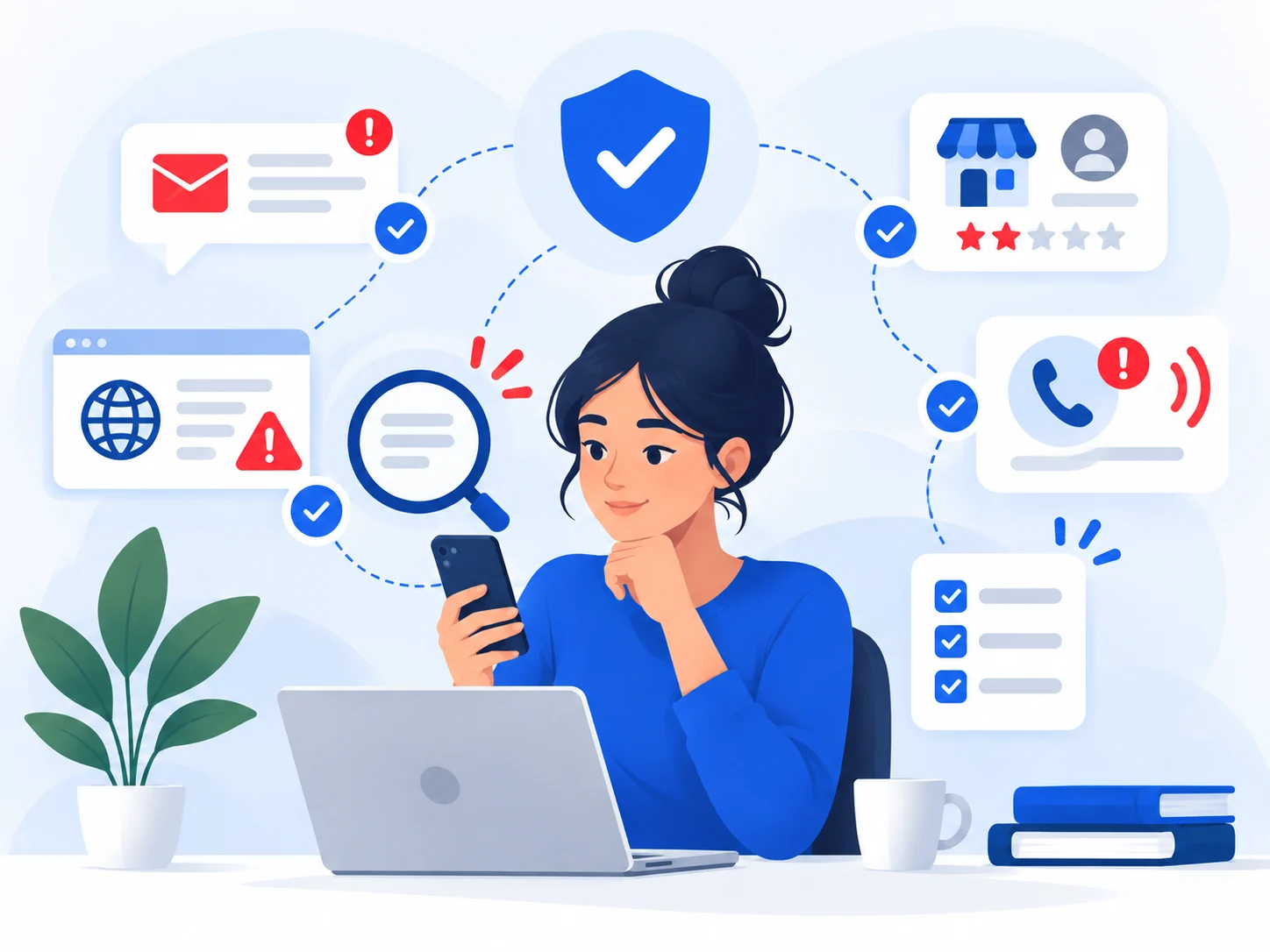 Illustration of a person using a simple checklist to verify suspicious digital messages, sites and calls.