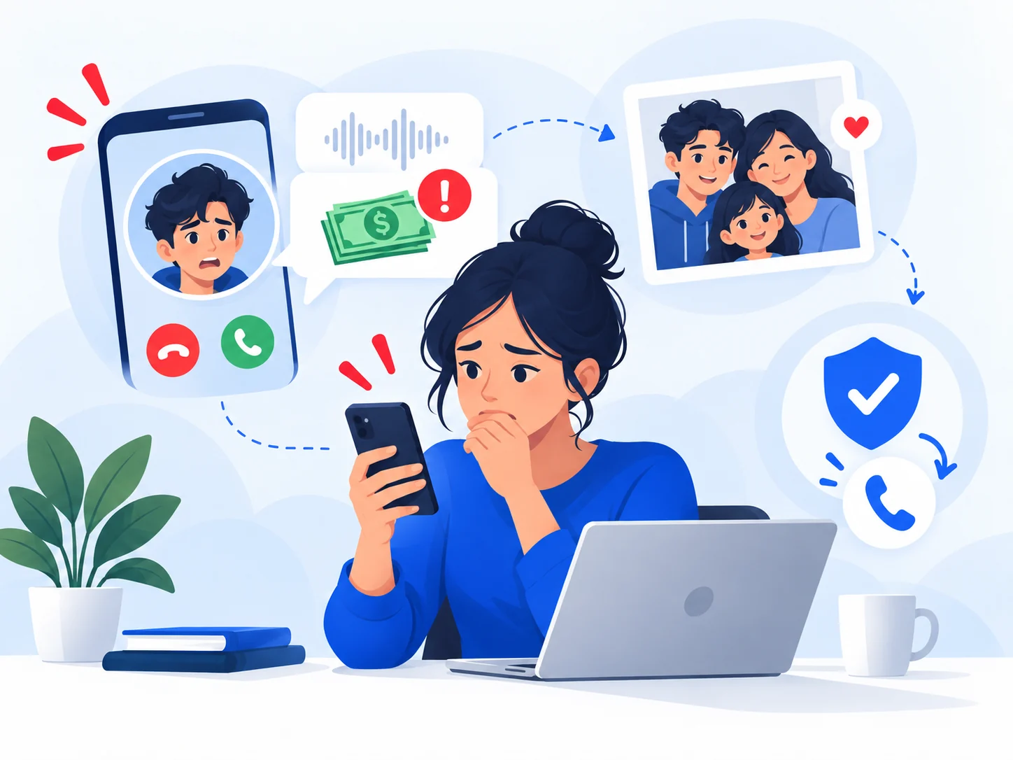 Illustration of a person verifying a suspicious bank or institution call before trusting it.