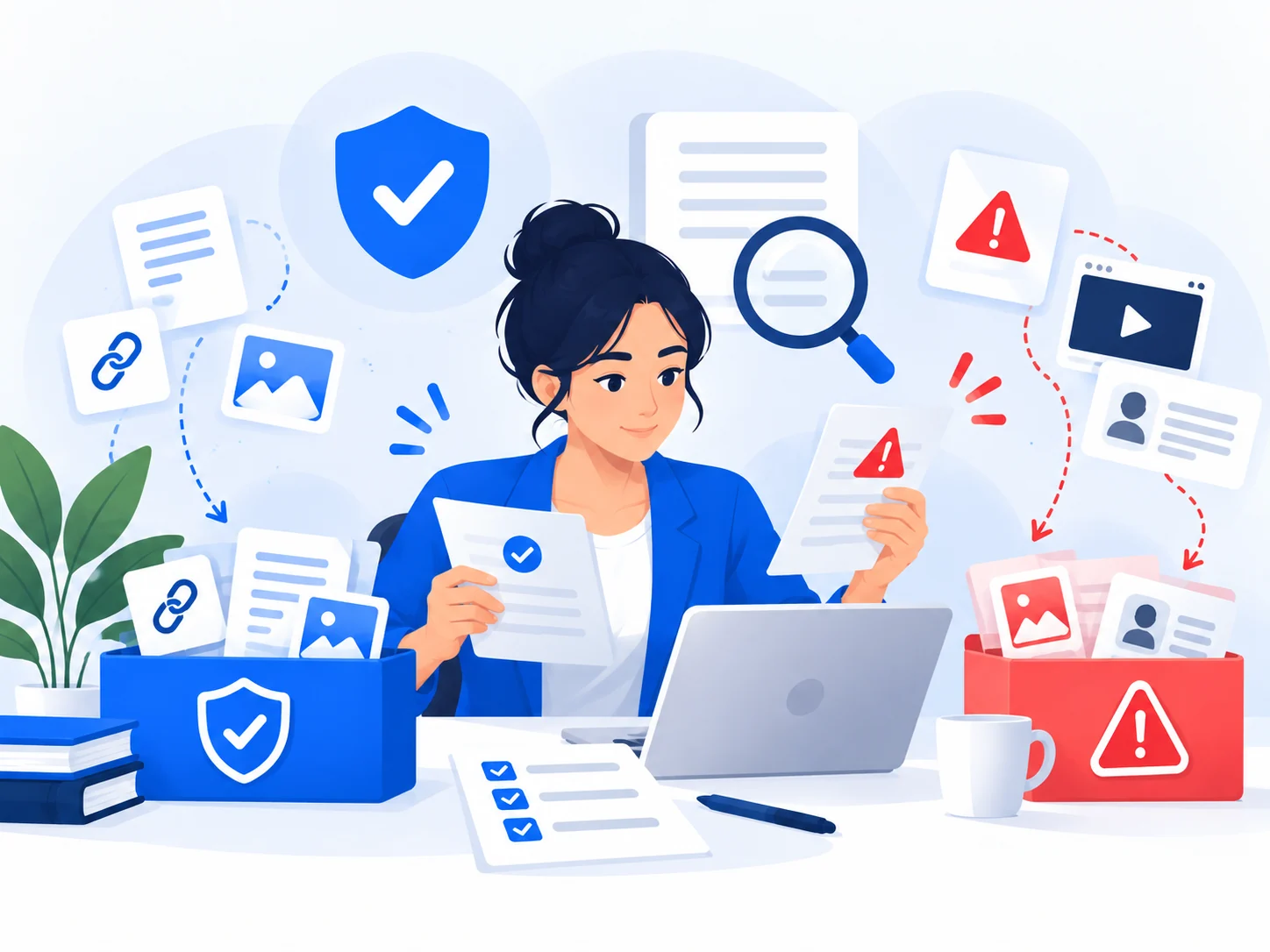 Illustration of a person sorting evidence and verifying business communications before acting.