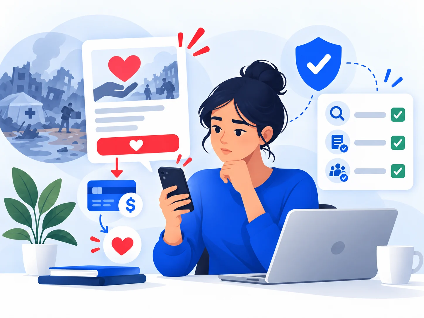 Illustration of a person verifying a donation appeal before giving money.