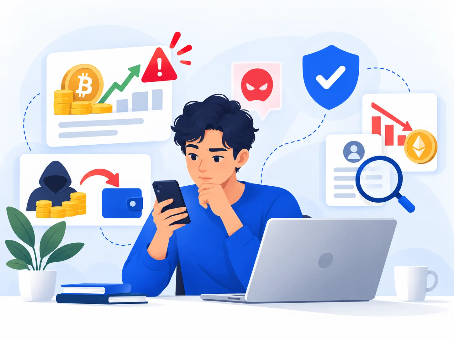 Illustration of a person investigating cryptocurrency scam warning signs.