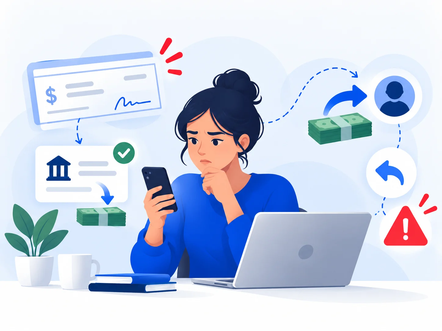 Illustration of a person spotting warning signs in a fake-check or payment-related scam.