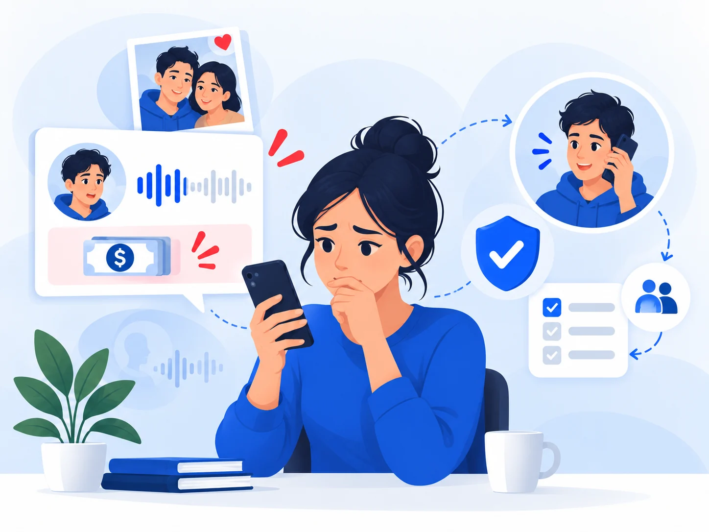 Illustration of a worried person verifying a family emergency or voice-cloning money request.