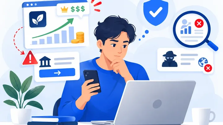 Illustration of a skeptical investor reviewing warning signs in an investment scam.
