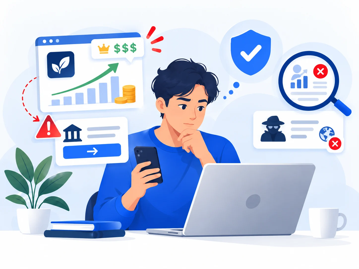 Illustration of a skeptical investor reviewing warning signs in an investment scam.