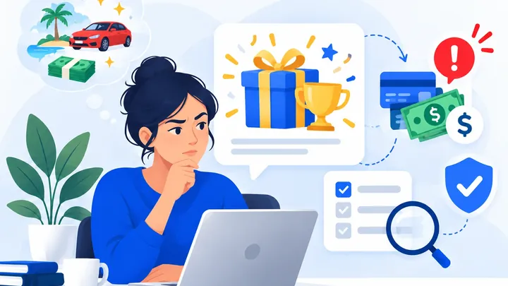 Illustration of a shopper checking whether a seller or listing is legitimate.