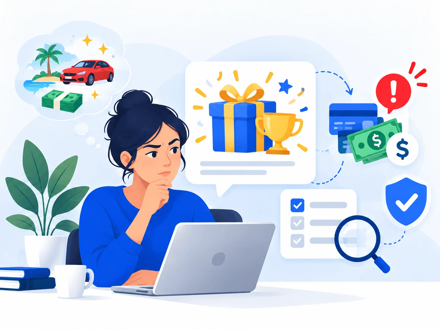 Illustration of a shopper checking whether a seller or listing is legitimate.