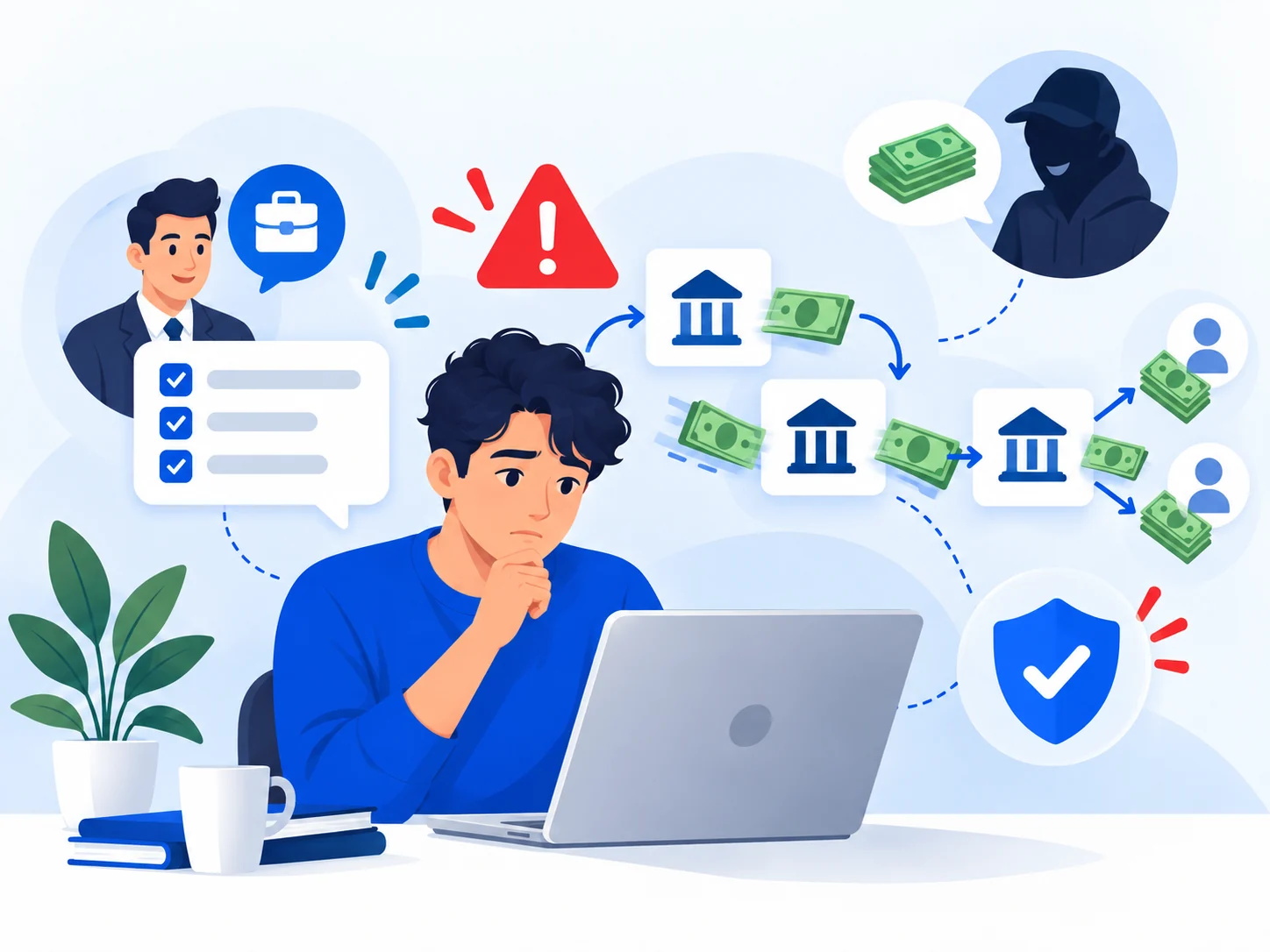 Illustration about money-mule recruitment and the warning signs of becoming part of a scam payment chain.