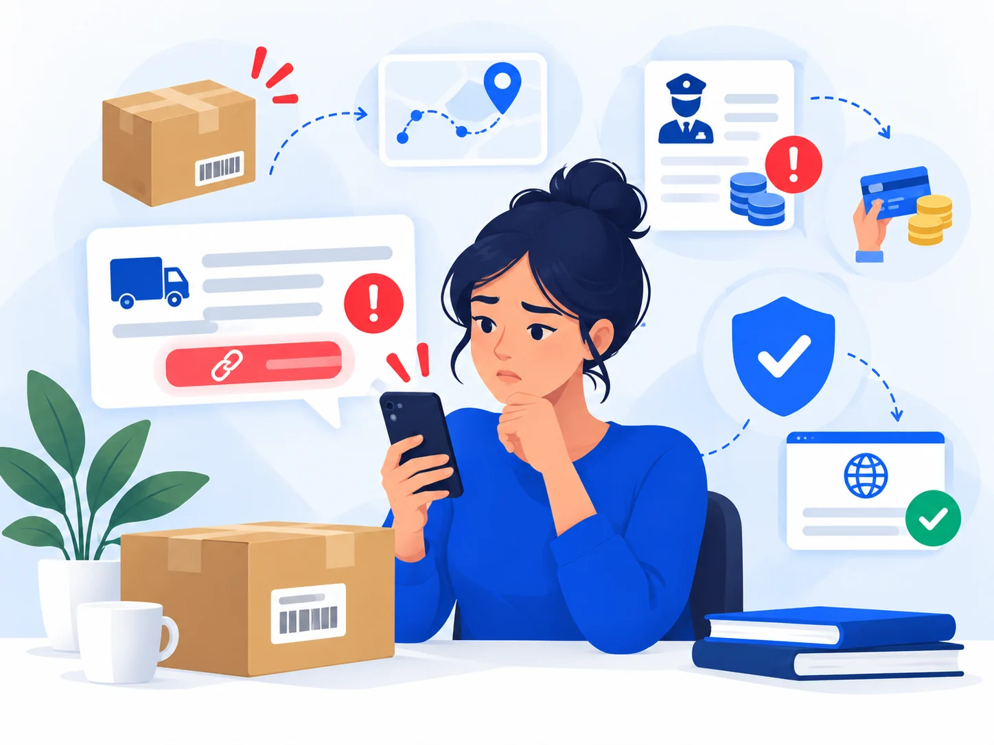 Illustration of a suspicious package-delivery notification being checked before the user clicks.