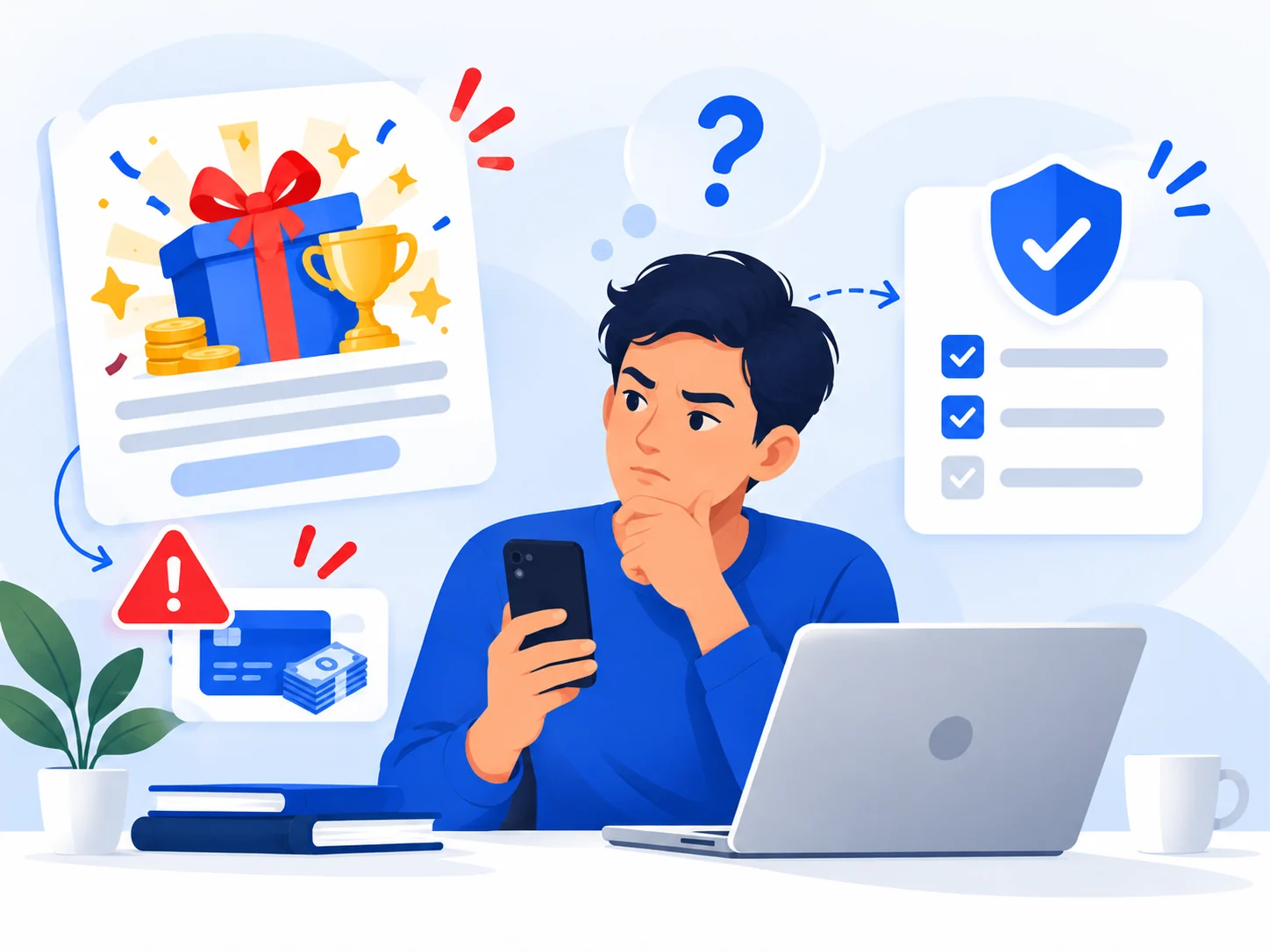 Illustration of a person evaluating a suspicious prize or lottery notification.