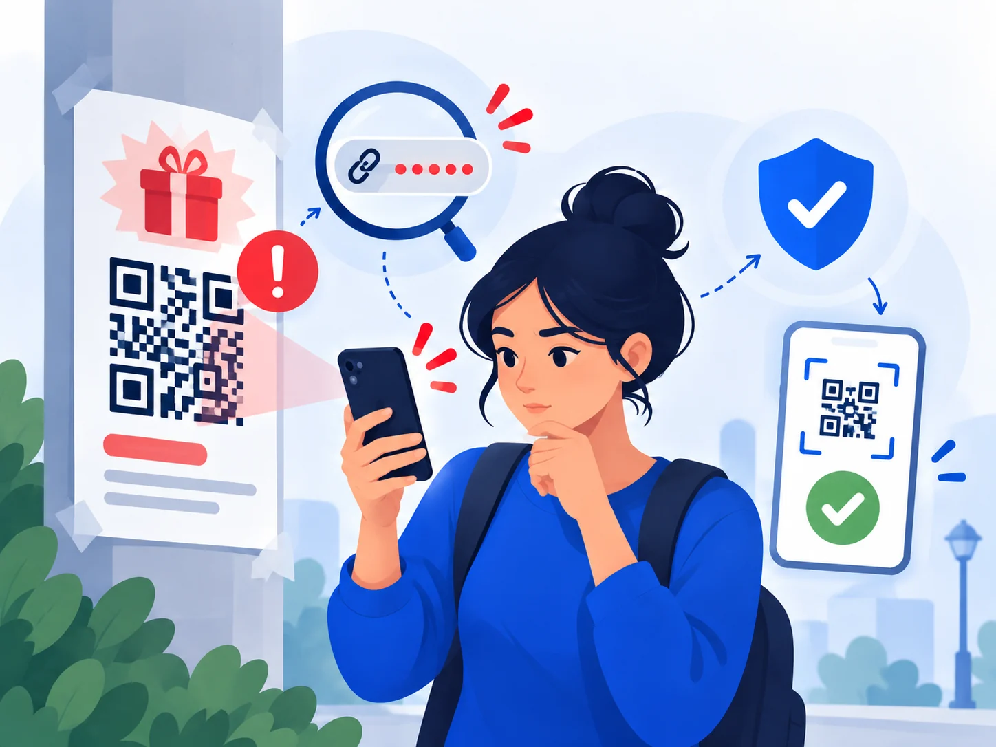 Illustration of a person verifying a suspicious QR code before scanning or paying.