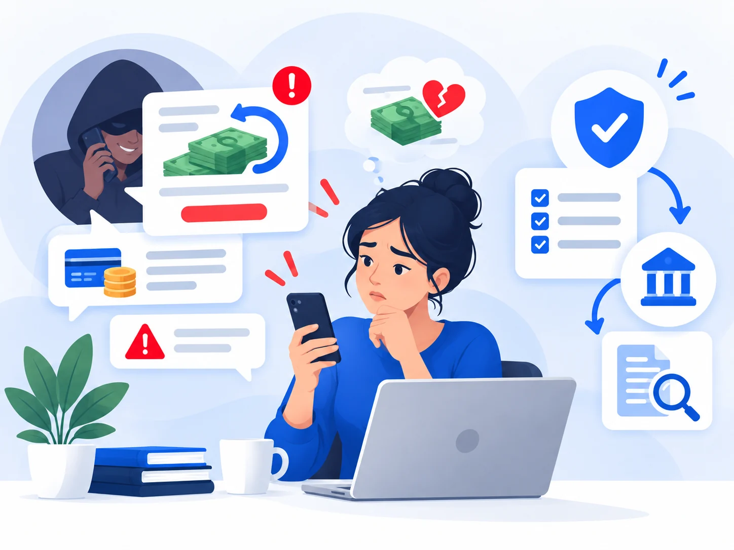 Illustration of a scam victim evaluating a suspicious recovery offer and verifying it before trusting the caller or sending more money.