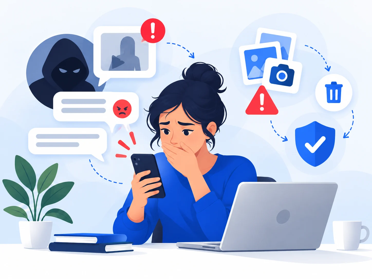 Illustration of a person dealing with digital privacy threats and sextortion pressure.