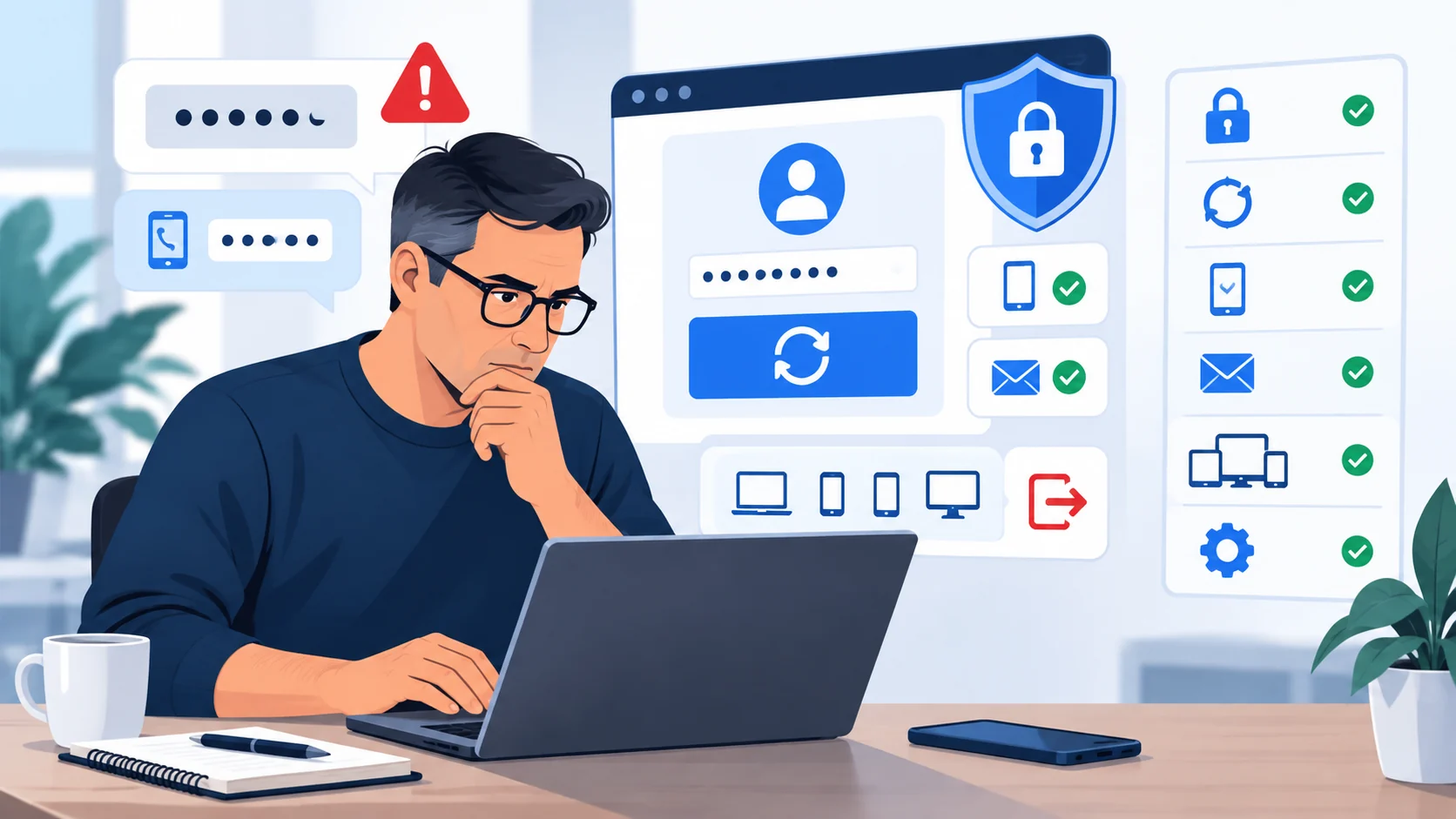 Illustration of a person securing a compromised account with password resets, device sign-outs and protective checks.