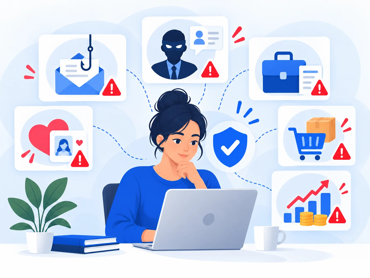 Illustration of common scam categories including phishing, impersonation, shopping, romance, jobs and investment fraud.