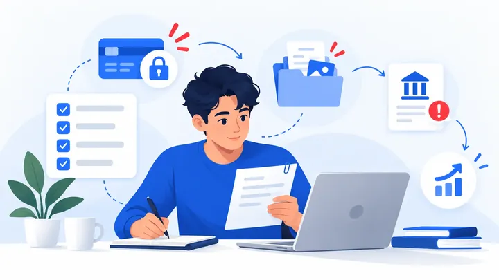 Illustration of a person reviewing a suspicious job offer with warning signs, recruiter messages and payment requests.