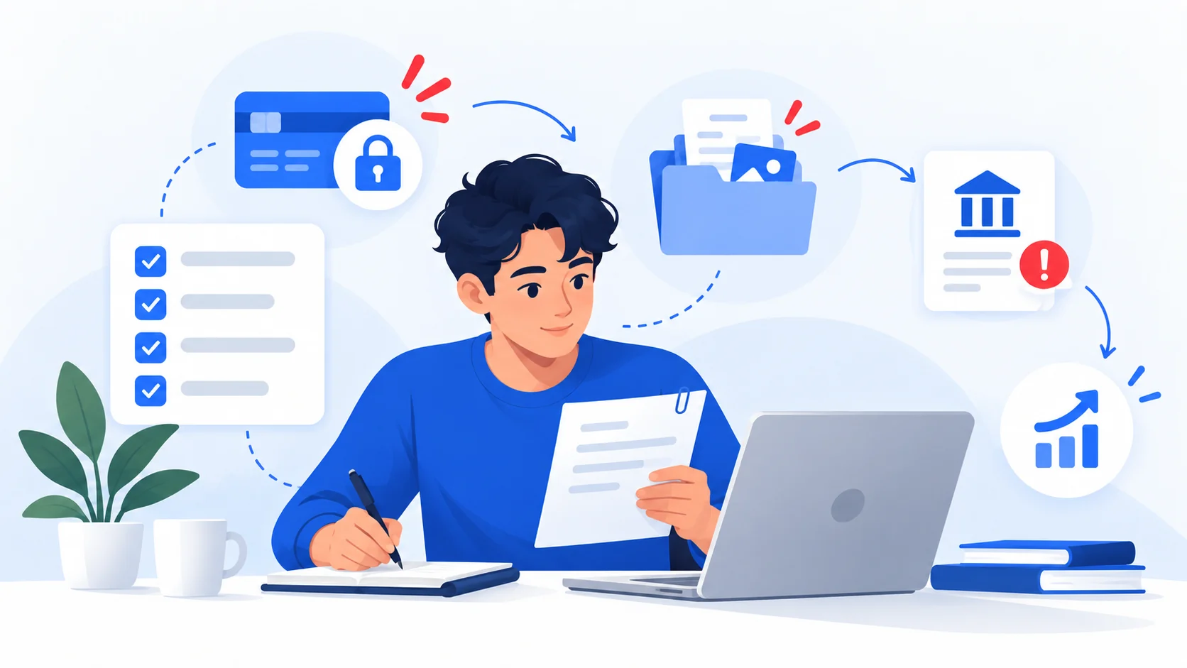 Illustration of a person reviewing a suspicious job offer with warning signs, recruiter messages and payment requests.