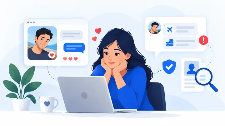 Illustration of a person dealing with a phishing attempt involving a suspicious email, fake login page and financial risk.