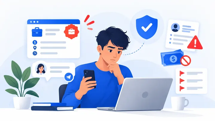 Illustration of a person chatting with a romantic interest online while noticing warning signs around identity and money requests.