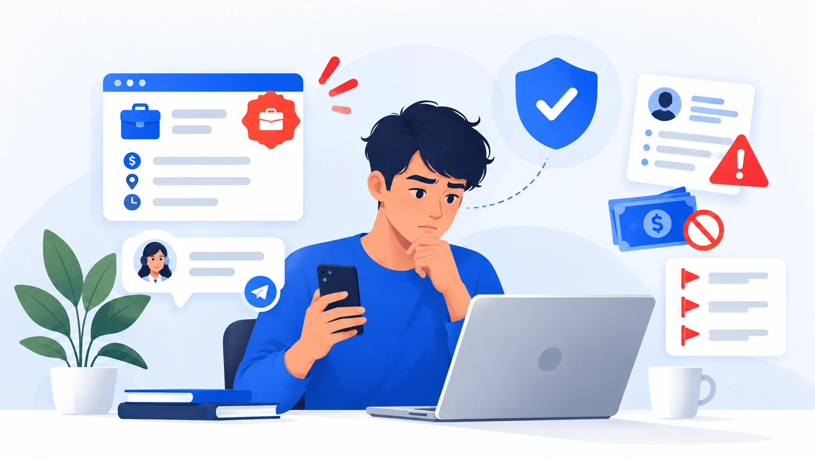 Illustration of a person chatting with a romantic interest online while noticing warning signs around identity and money requests.