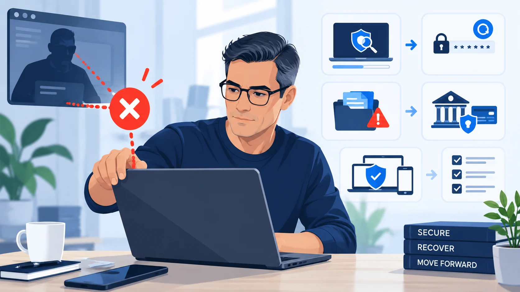 Illustration of a person disconnecting from a suspicious technical-support or remote-access situation while securing a computer and accounts.